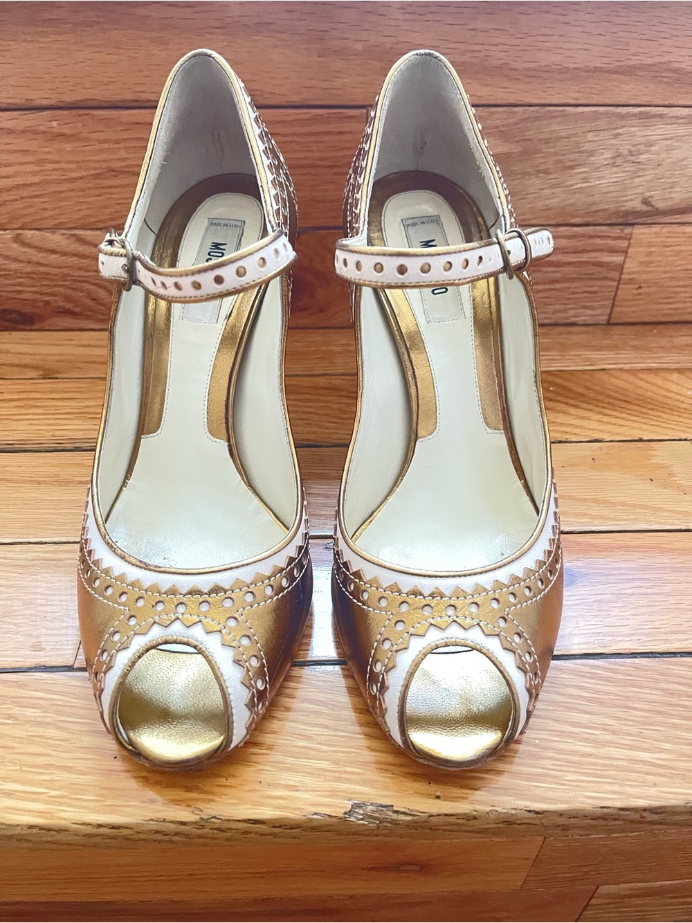 Moschino Gold and Cream Peep-Toe Mary Jane Heels size 38